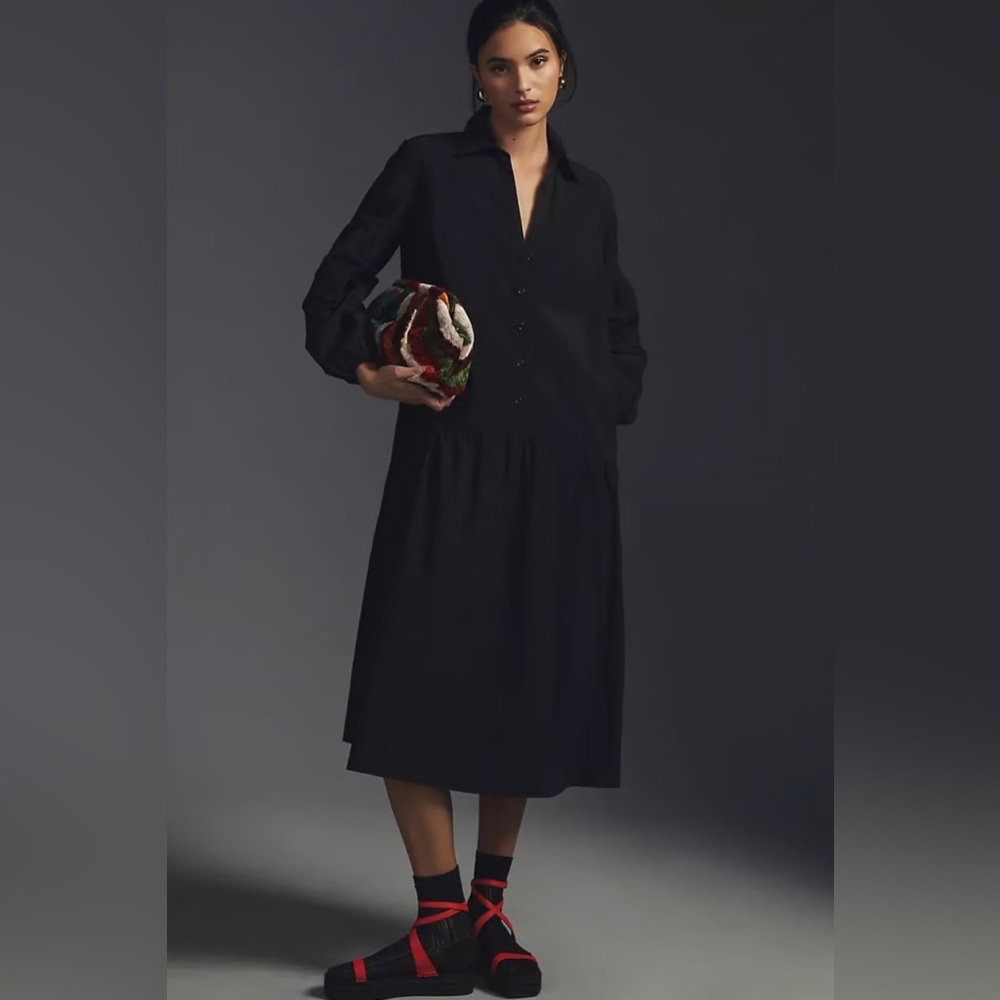 ANTHROPOLOGIE MAEVE BUTTON FRONT POPLIN DRESS SIZE S COLOR BLACK NWT